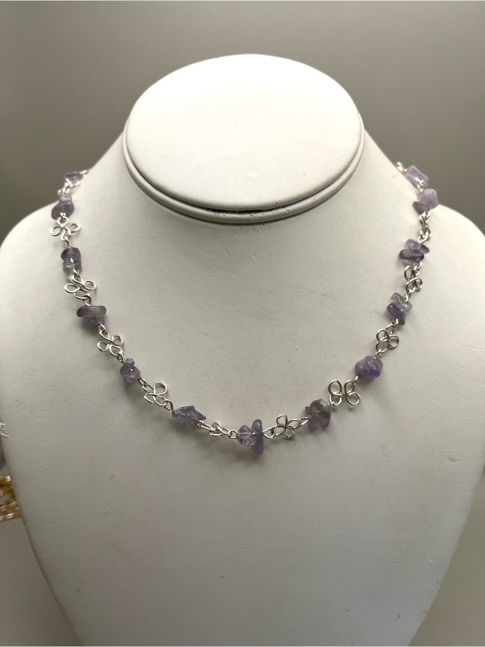 Amethyst Chip Necklace with Silver Links - Purple